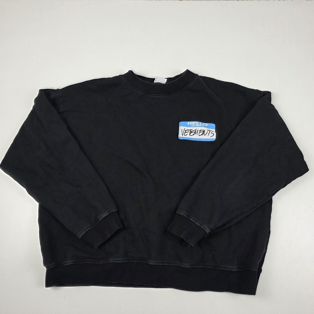 Vetements Sweatshirt Mens XL Black Hello My Name Is Graphic Fleece Crewneck